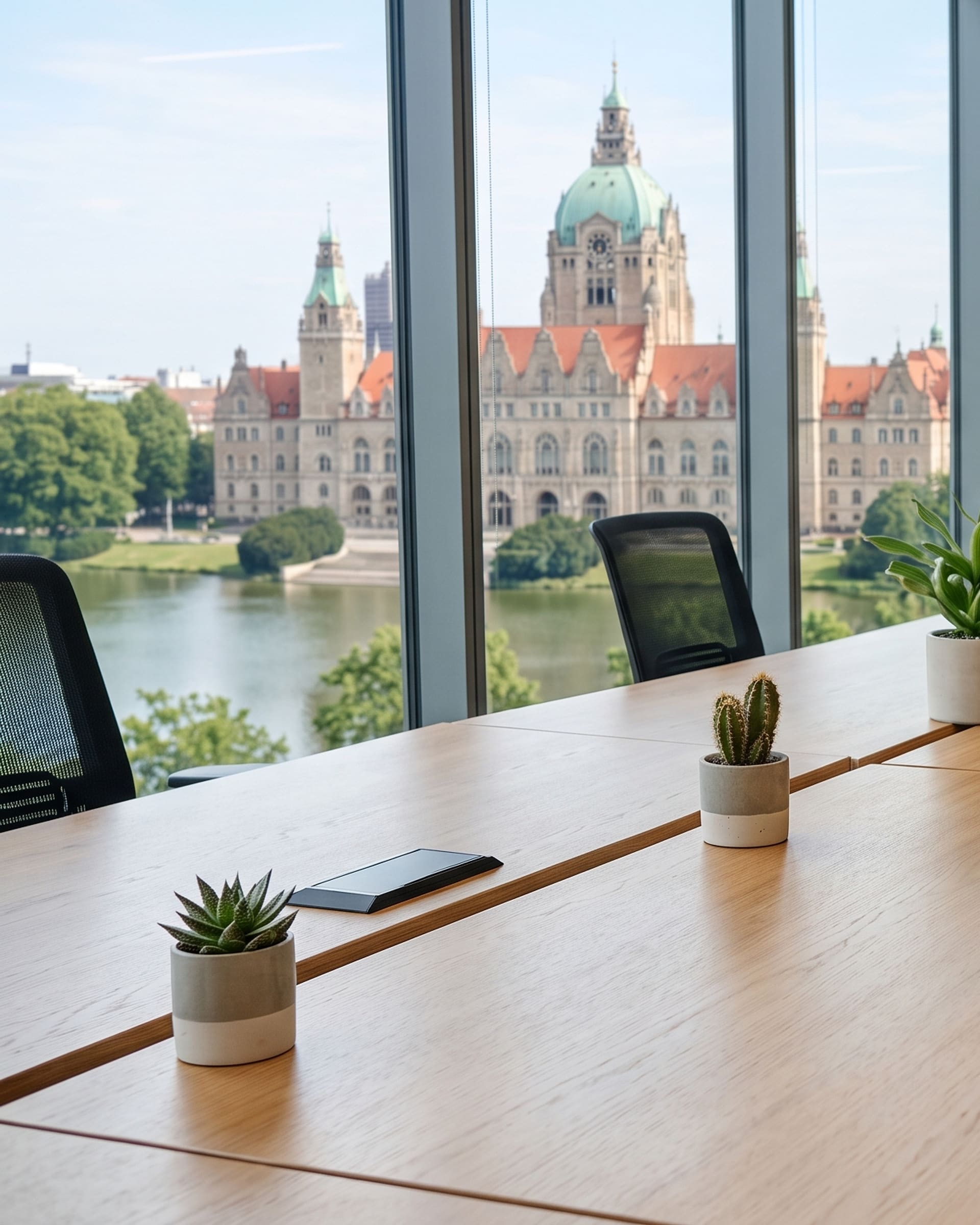 Heller Büroraum mit Blick über den Maschsee auf das Neue Rathaus in Hannover